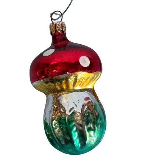 Vintage Blown Glass Red & Green Polka Dot Classic Mushroom Ornament 3" Columbia - Picture 1 of 7